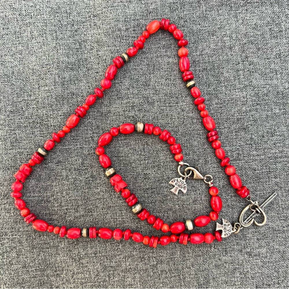 Sundance Catalog Coral Peyote Bird “Rosy Coral” Necklace 15” And Bracelet 7” Set